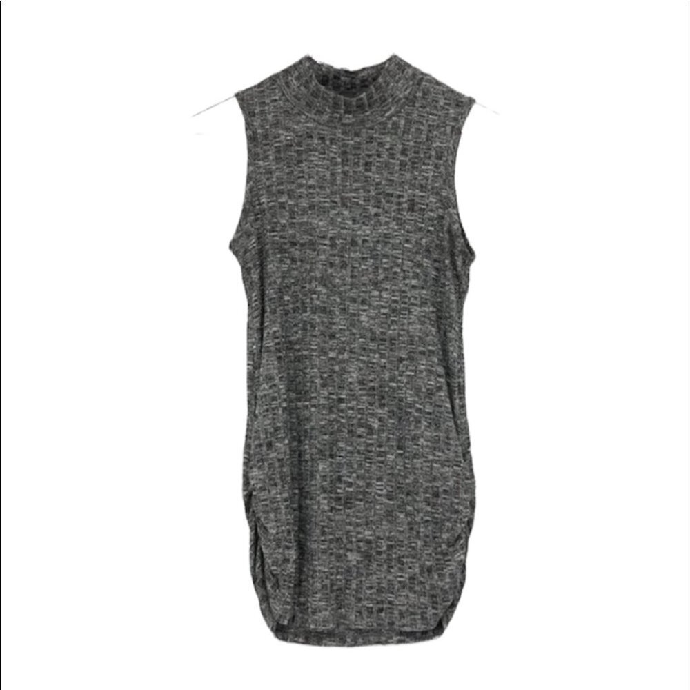 Warehouse one marled grey ribbed knit sleeveless turtleneck ruched sides
